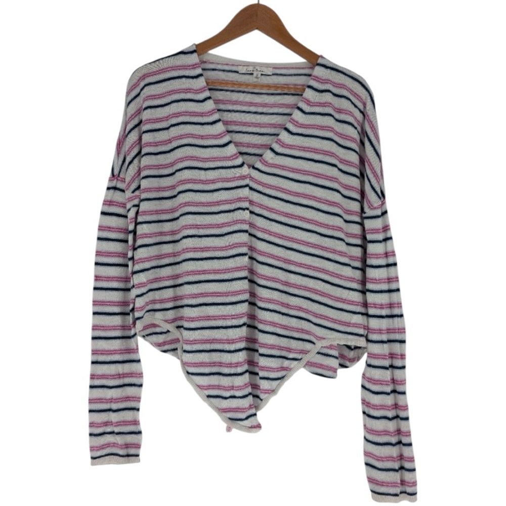 Love Tree Cardigan Womens Medium White Pink Striped Tie Front V-Neck Excellent